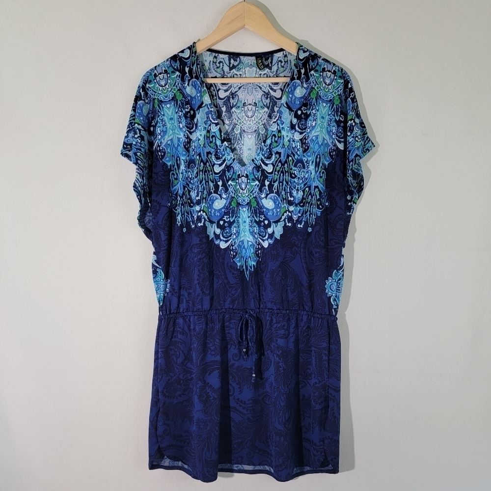 LAUREN RALPH LAUREN Women's Blue Paisley Beach Dress Sz M Waist Tie Short Sleeve